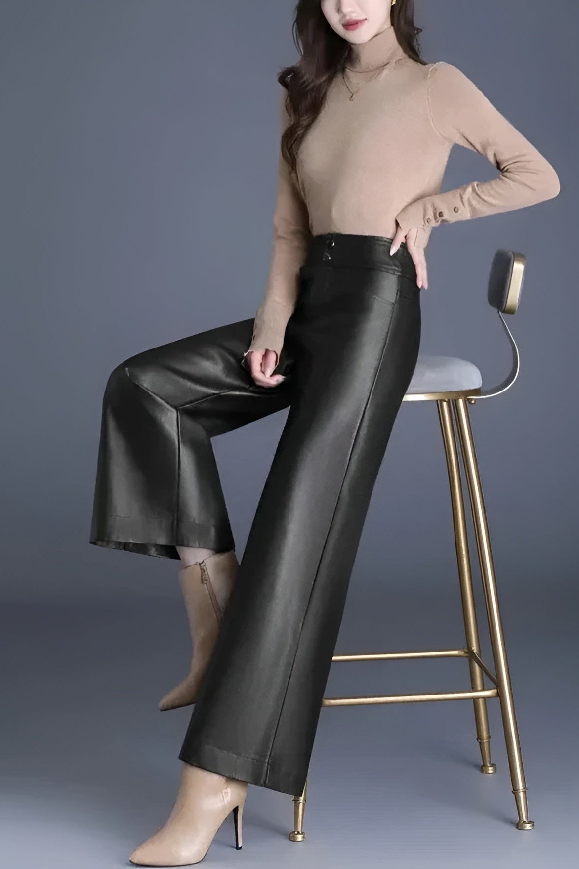 Ceylan Women's Faux Leather Trousers High Waist Wide Leg