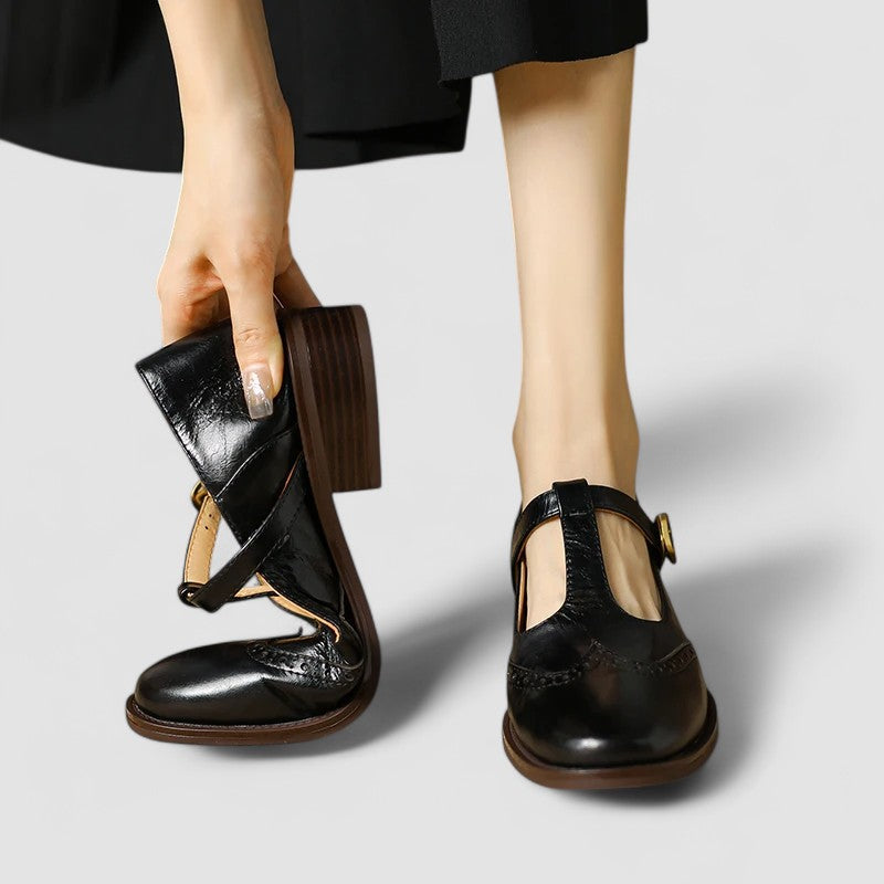 Women’s Mary Jane Shoes with T-Strap Low Heel and Perforated Detail