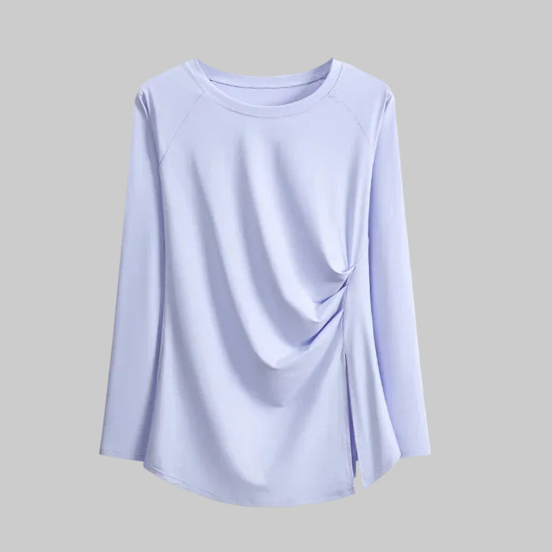Women’s Long Sleeve Top with Side Ruched Drape and Asymmetric Slit