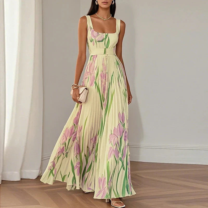 Women's Floral A-Line Maxi Dress with Square Neckline for Romantic Elegance