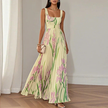 Women's Floral A-Line Maxi Dress with Square Neckline for Romantic Elegance