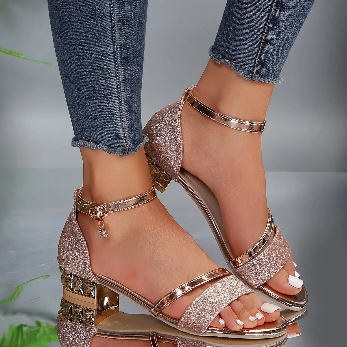 Women’s Block Heel Ankle Strap Sandals with Glitter and Studded Detail