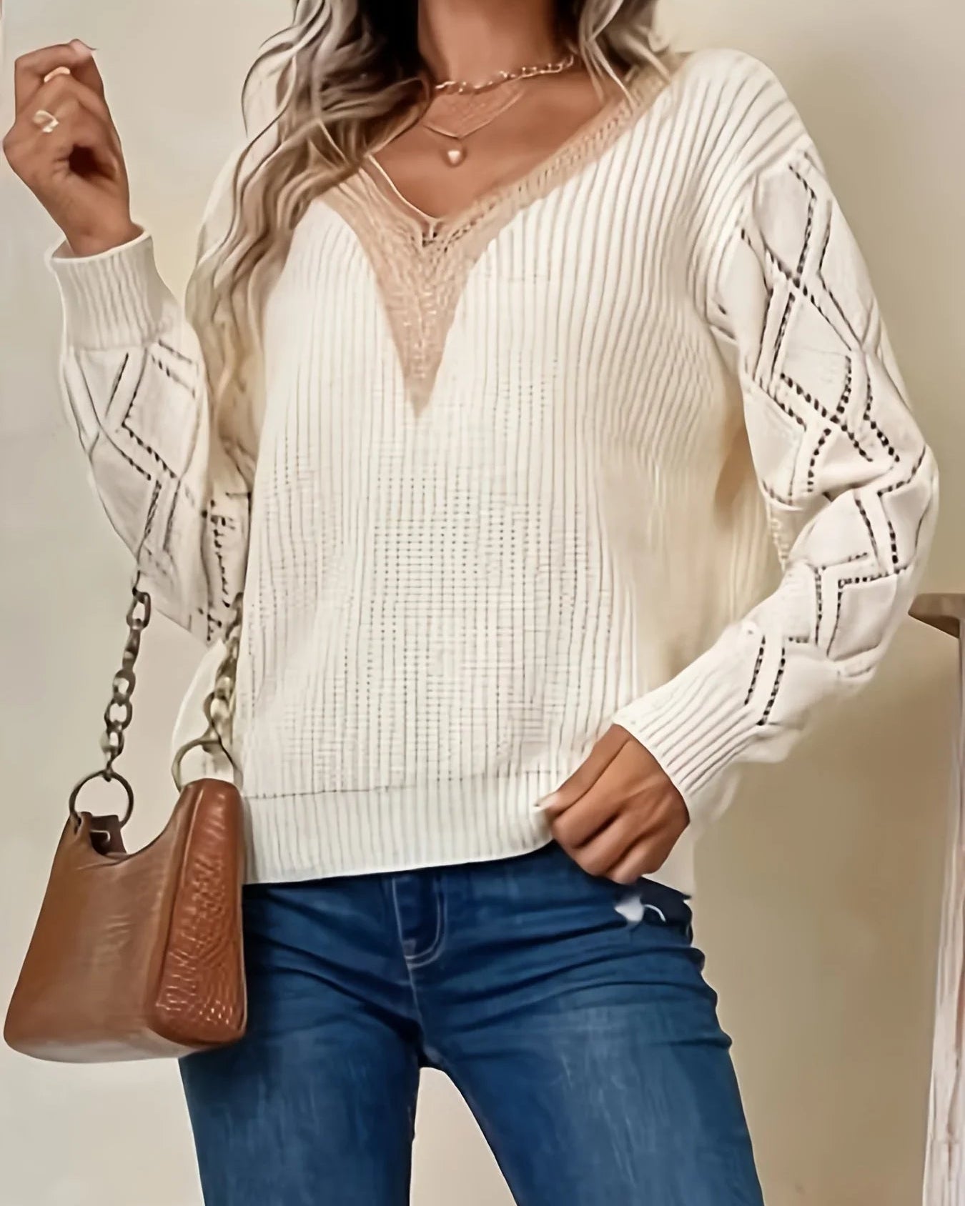 Ceylan Women's Sweater Lace Trim V-Neck Pointelle Knit Sleeve