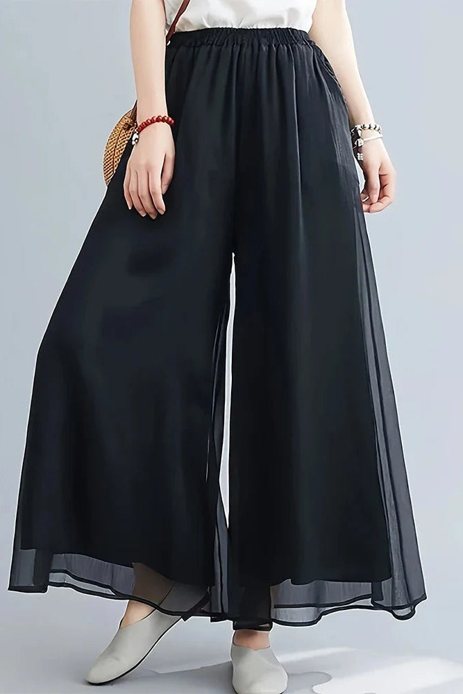 Ceylan Women's Wide Leg Chiffon Pants Sheer Mesh Layer