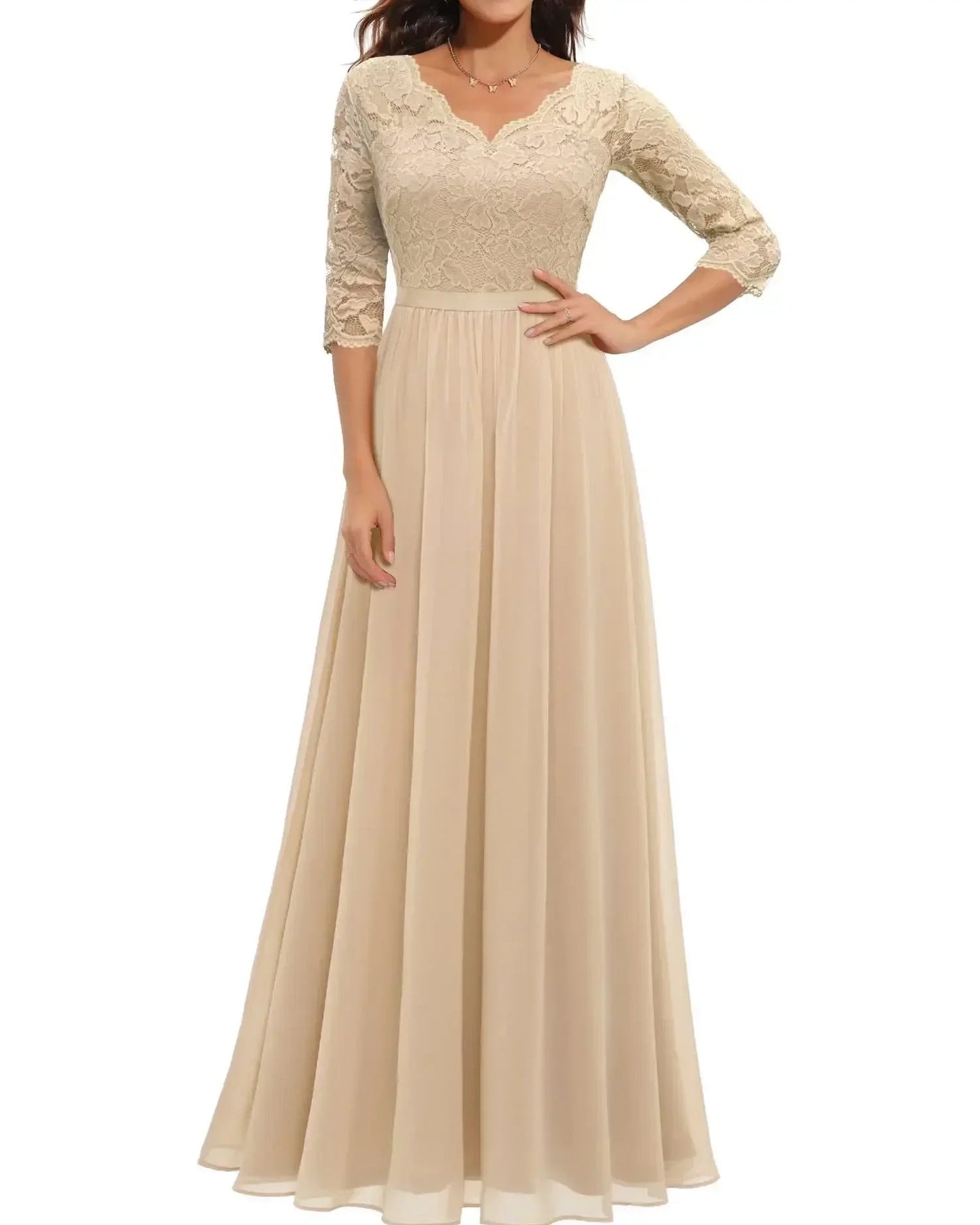 Women’s Lace Maxi Dress with Scalloped V-Neck and Three-Quarter Sleeves