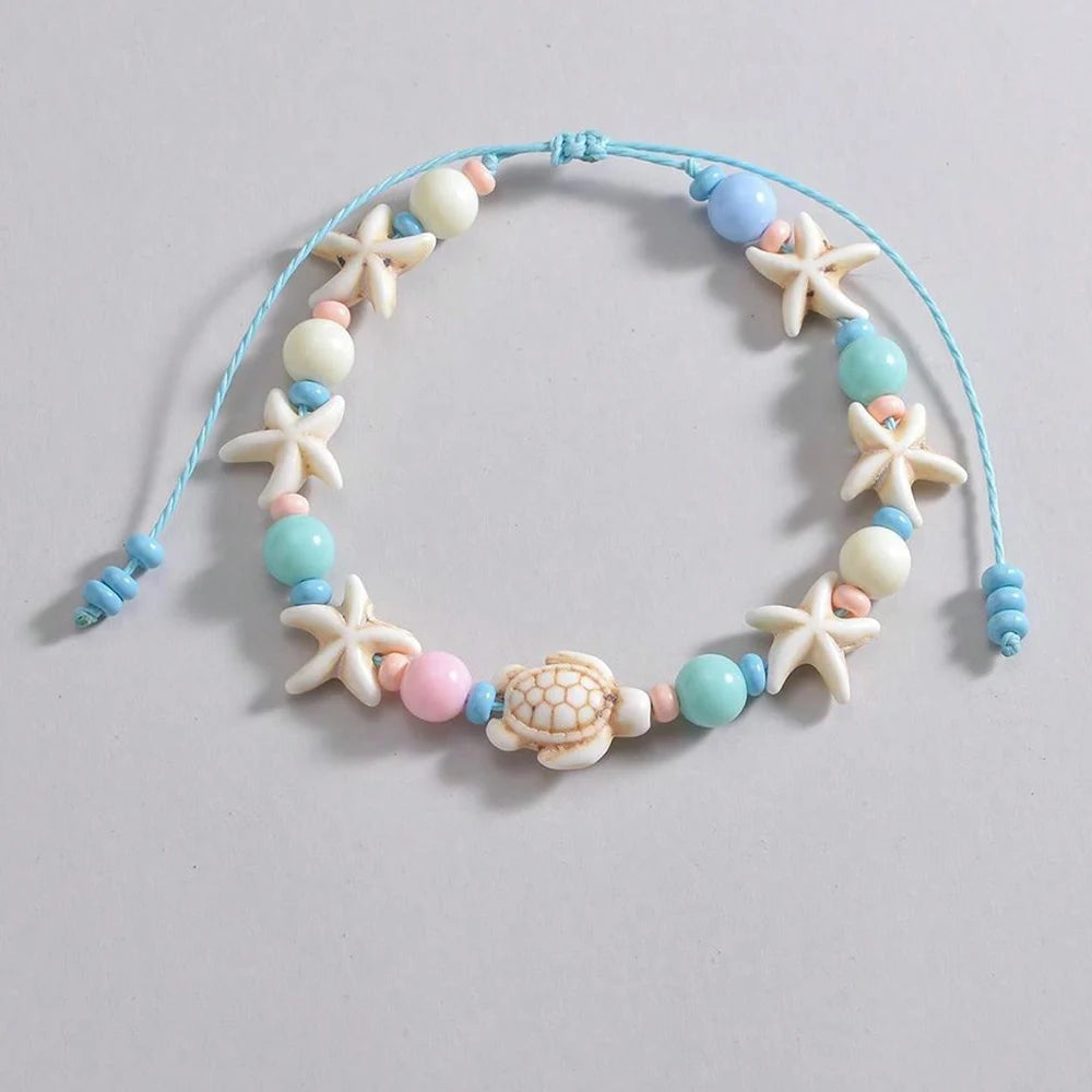 Women's Handwoven Shell Anklet with Starfish Charm