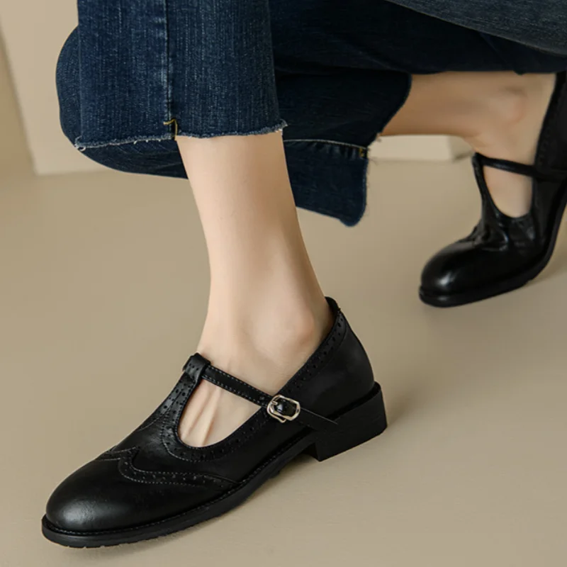 Women’s Mary Jane Shoes with T-Strap Low Block Heel and Buckle
