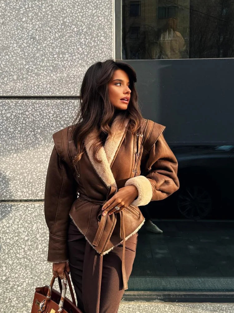 Women's Fur-Lined Belted Coat with Shearling Trim