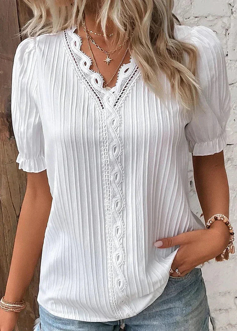 Women’s Short Sleeve Blouse with Scalloped Lace V-Neck and Pleated Texture