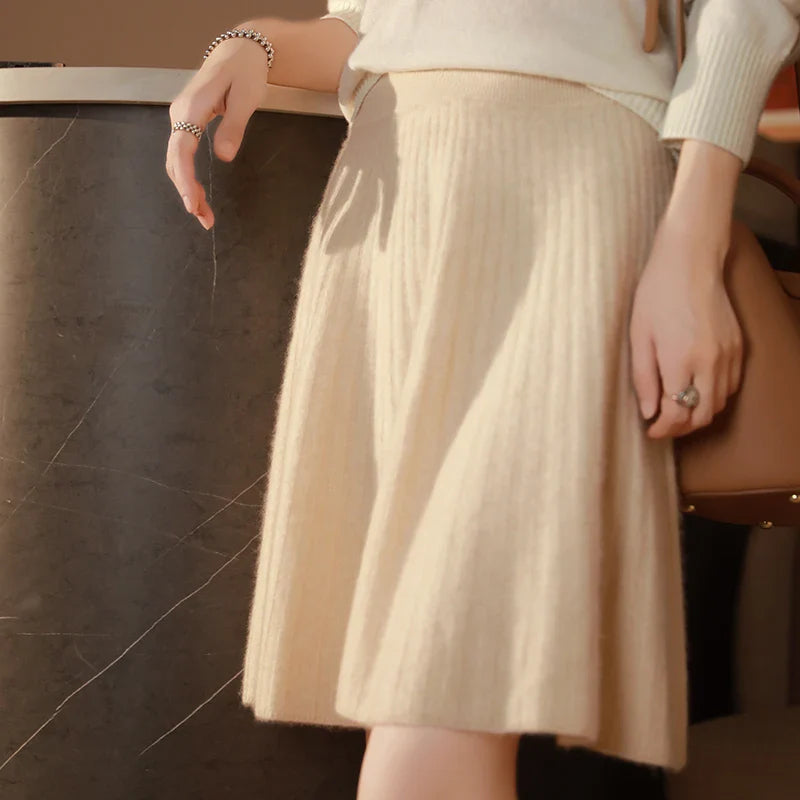 Women’s A-Line Knit Skirt with Ribbed Texture and High Elastic Waist