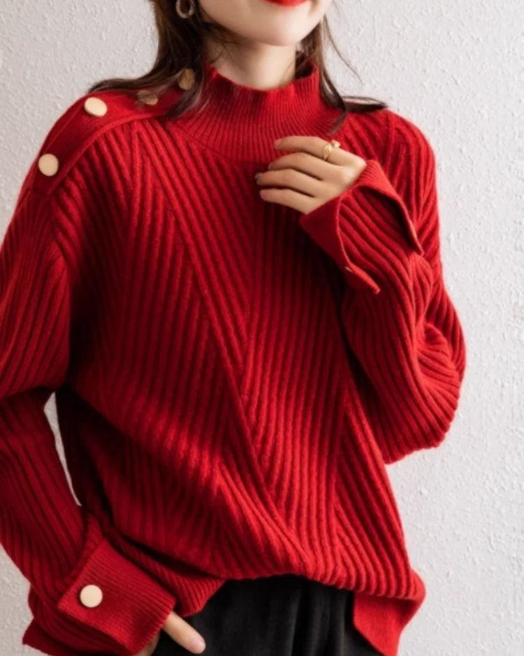 Ceylan Women's Pullover Ribbed Mock Neck Button Detail Sweater