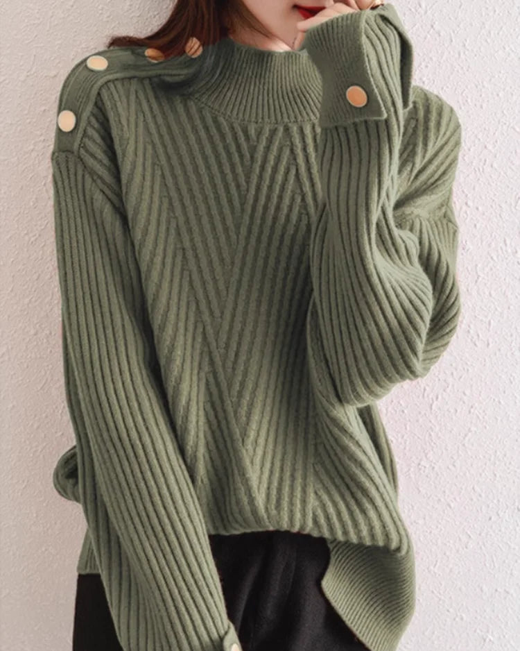 Ceylan Women's Pullover Ribbed Mock Neck Button Detail Sweater