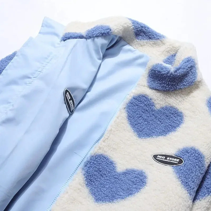 Women's Oversized Heart Print Zip-Up Puffer Jacket With High Collar