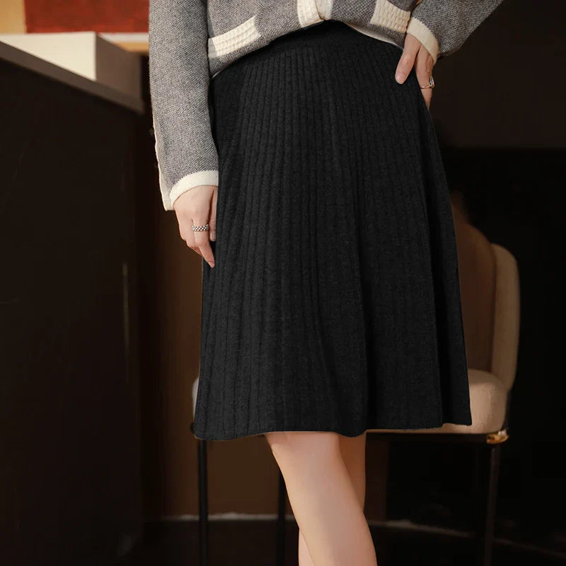 Women’s A-Line Knit Skirt with Ribbed Texture and High Elastic Waist