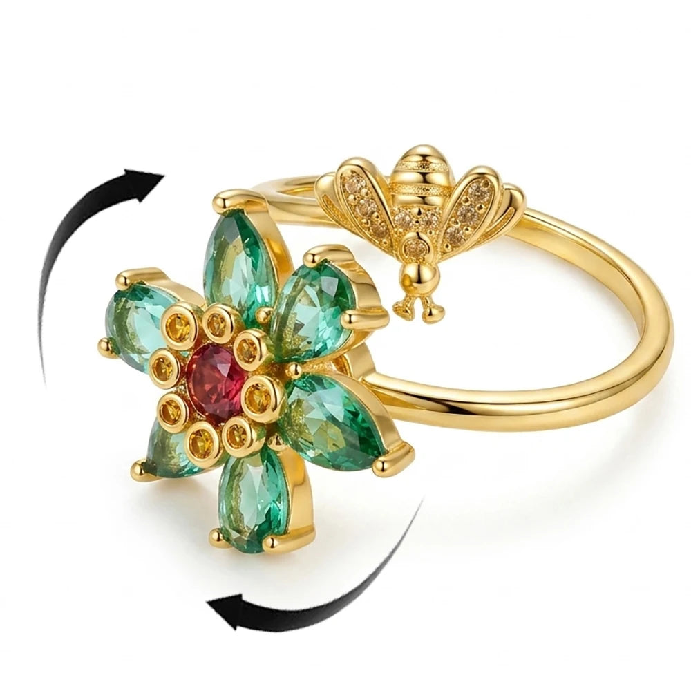 Women's Rotatable Flower Open Ring with Cubic Zirconia