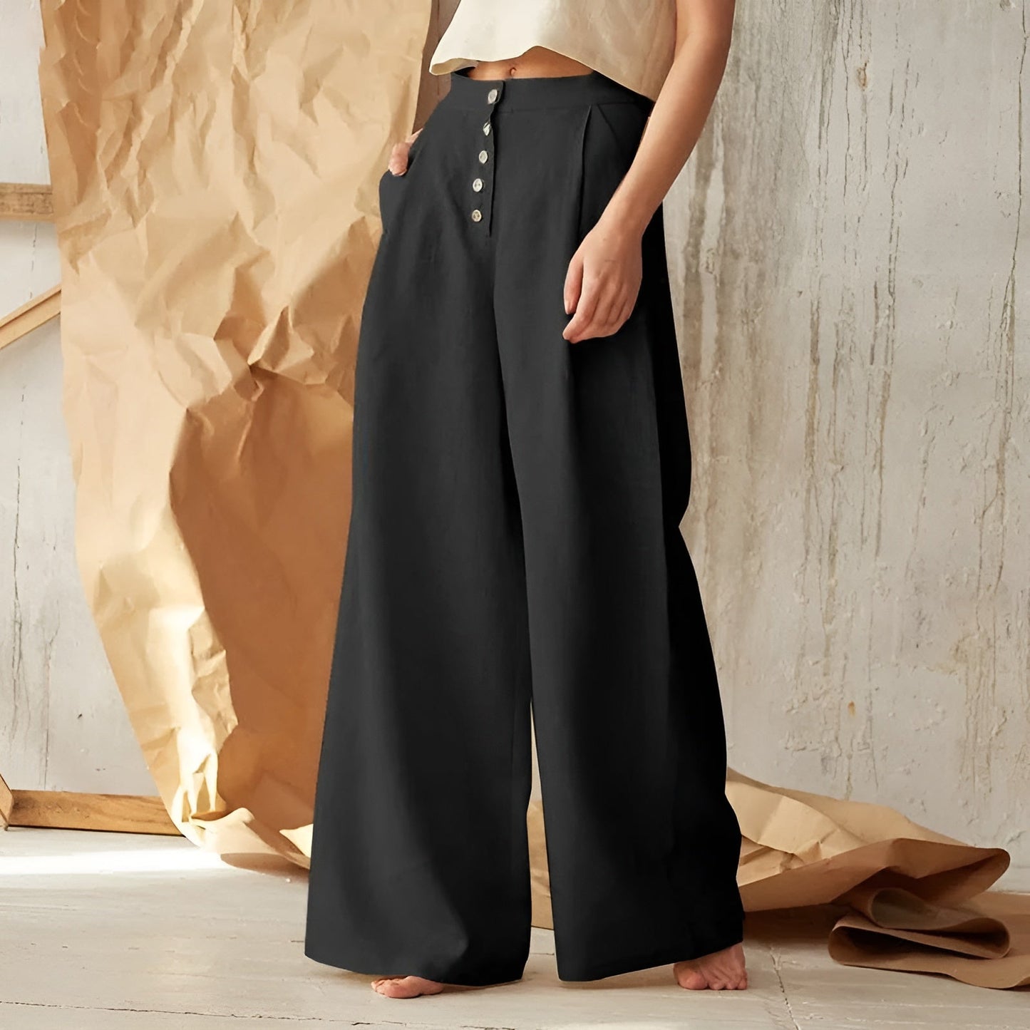 Ceylan Women’s Palazzo Pants with Button-Up High Waist