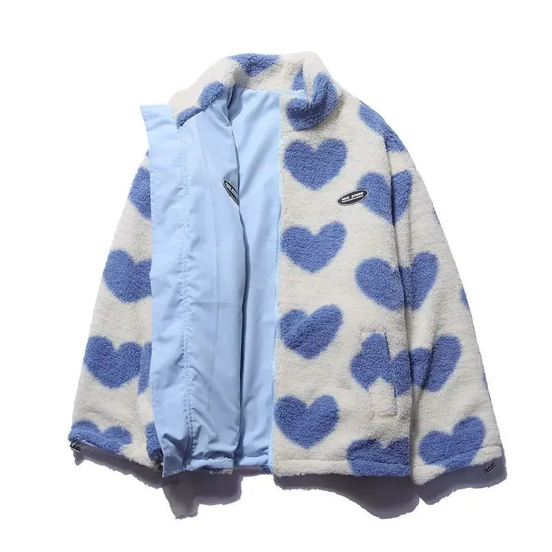 Women's Oversized Heart Print Zip-Up Puffer Jacket With High Collar