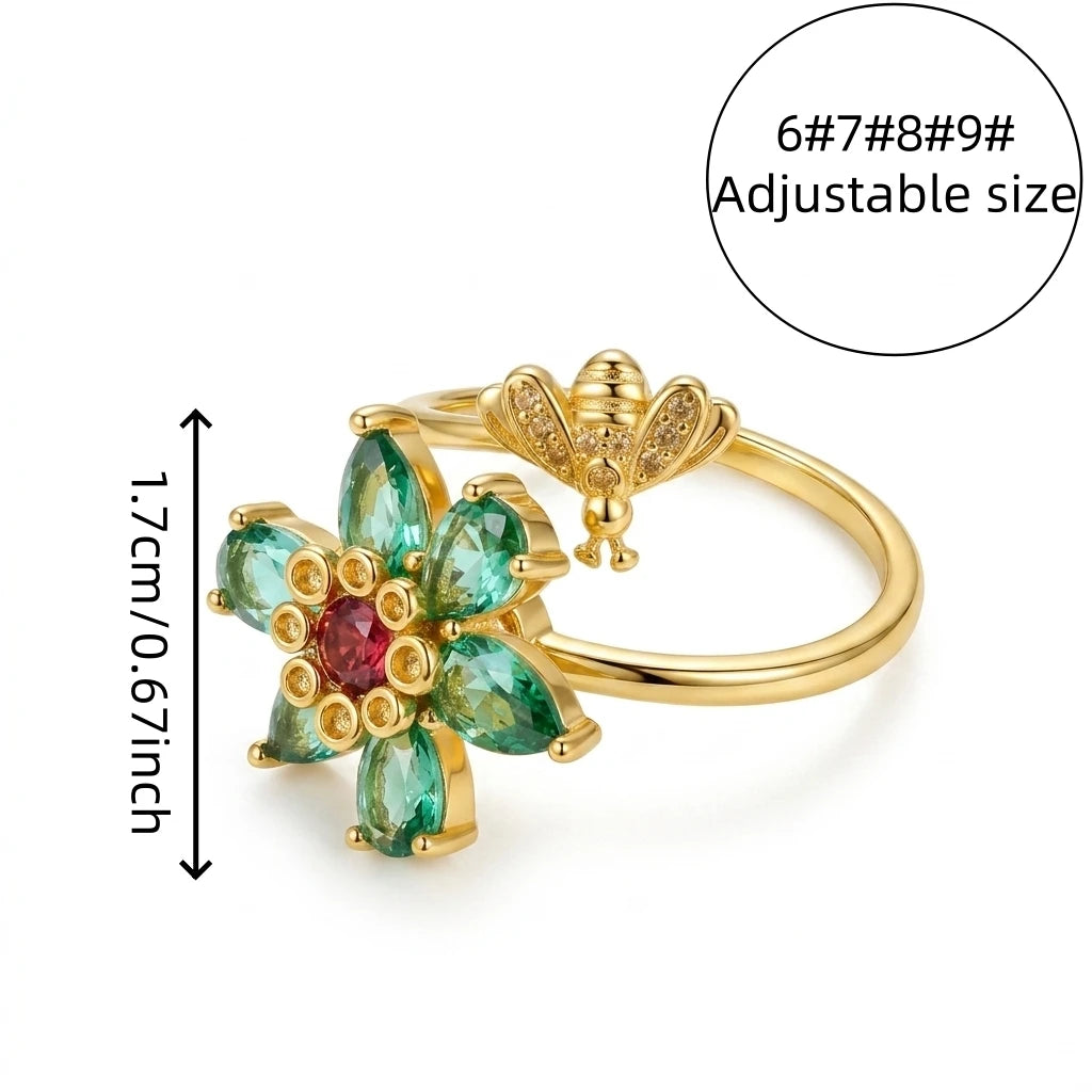 Women's Rotatable Flower Open Ring with Cubic Zirconia