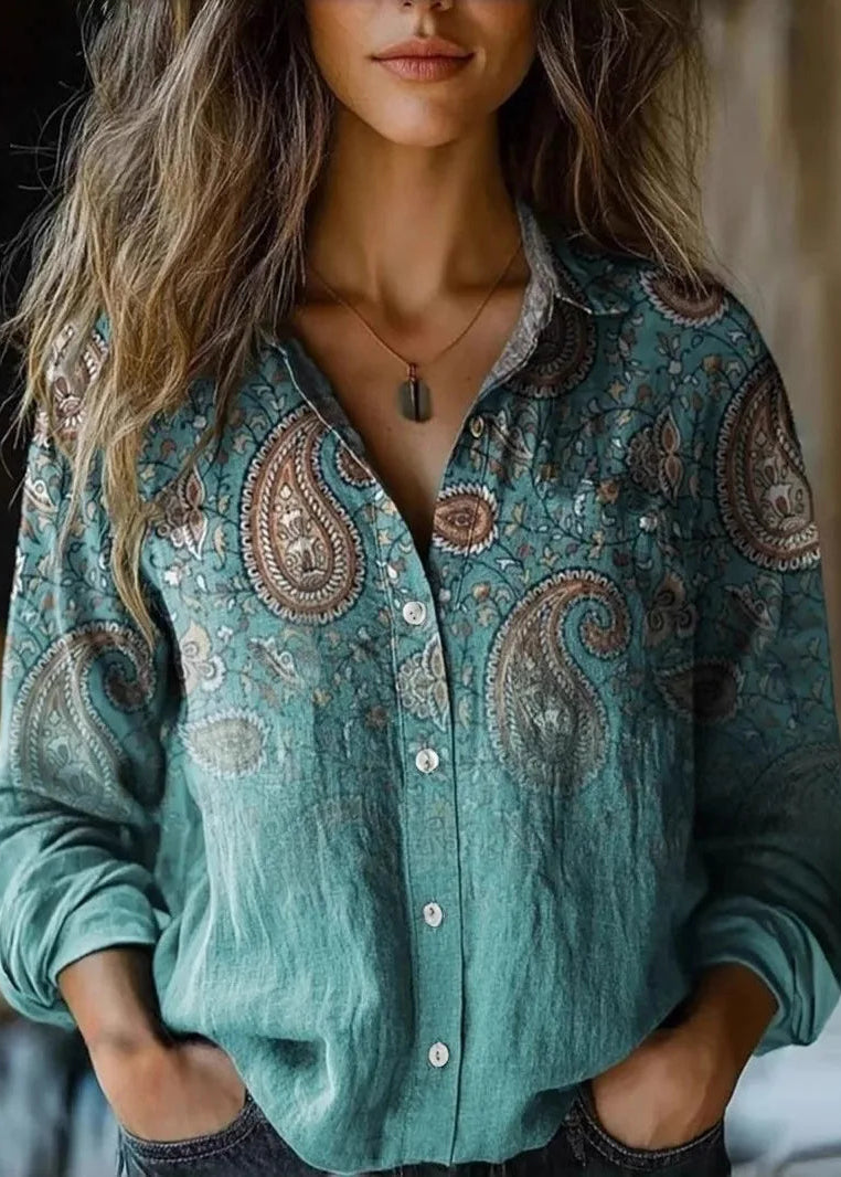 Women’s Button Down Shirt with Vintage Paisley Floral Print and Long Sleeves
