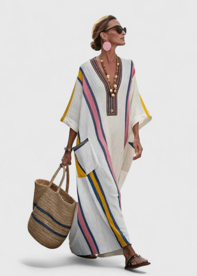 Women’s Kaftan Maxi Dress with V-Neckline and Artisanal Stripe Detail