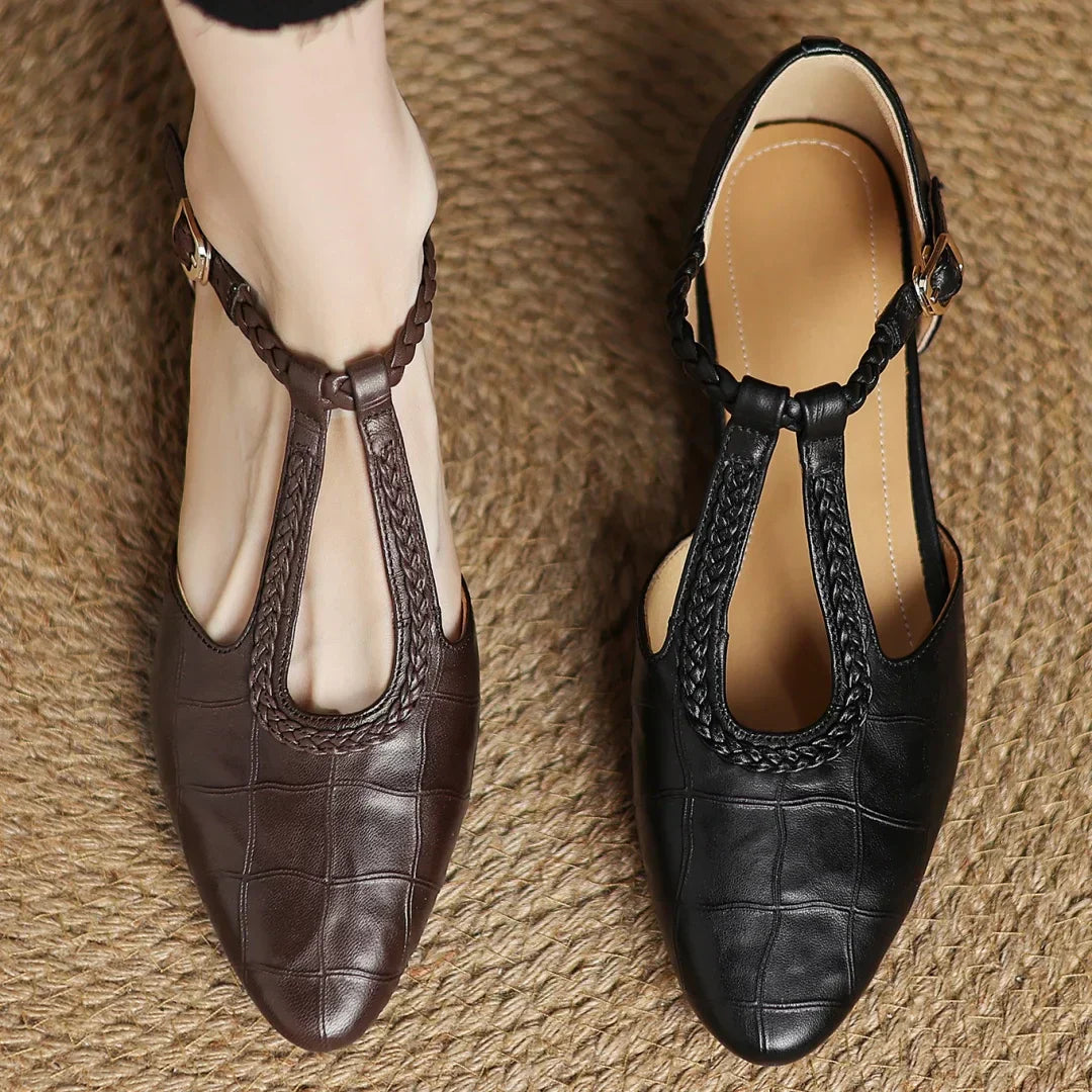 Women’s Mary Jane Flats with Pointed Toe and Braided T-Strap