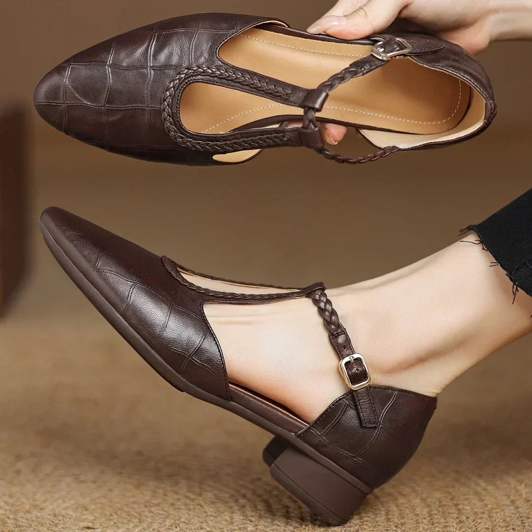 Women’s Mary Jane Flats with Pointed Toe and Braided T-Strap