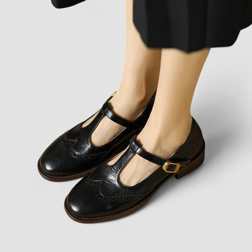 Women’s Mary Jane Shoes with T-Strap Low Heel and Perforated Detail