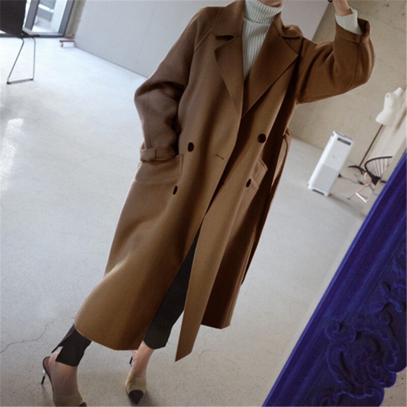 Women's Long Wool Coat Double-Breasted Notched Lapel