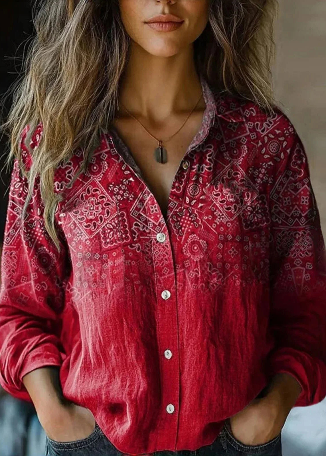Women’s Button Down Shirt with Vintage Paisley Floral Print and Long Sleeves