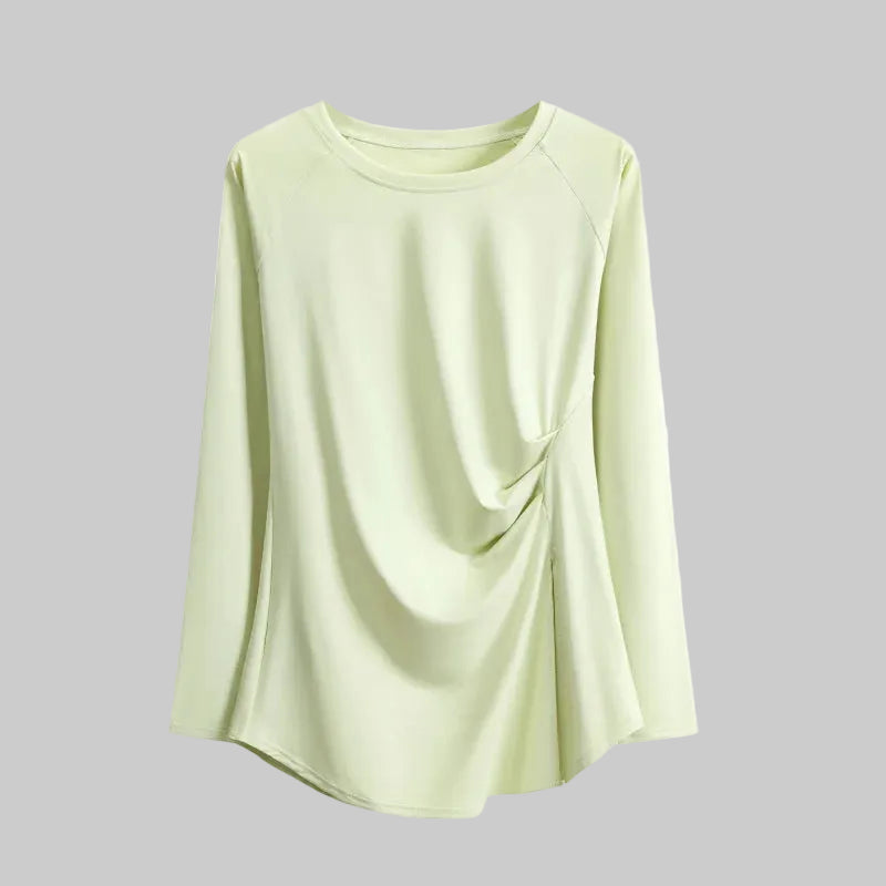 Women’s Long Sleeve Top with Side Ruched Drape and Asymmetric Slit