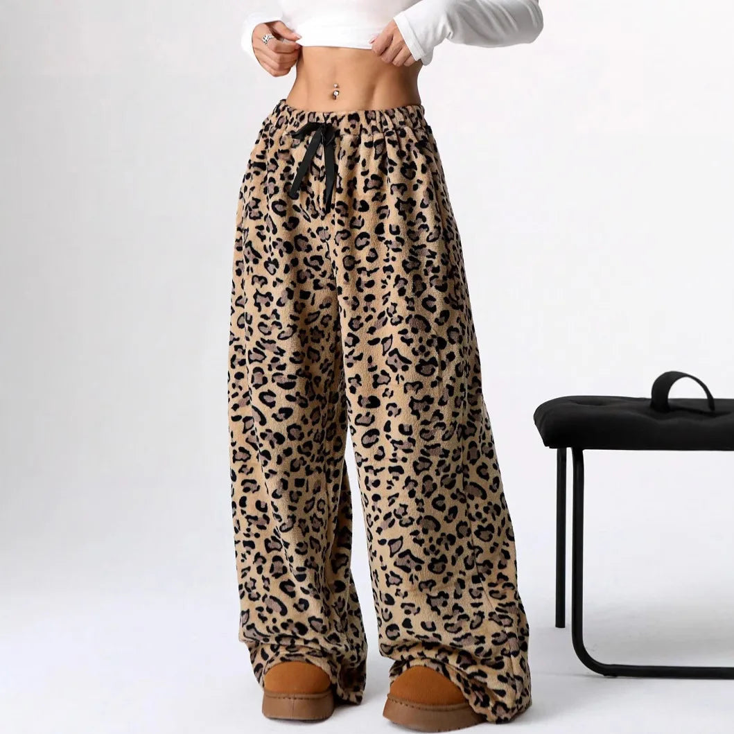 Ceylan Women’s Lounge Pants Wide Leg Fleece Leopard Print