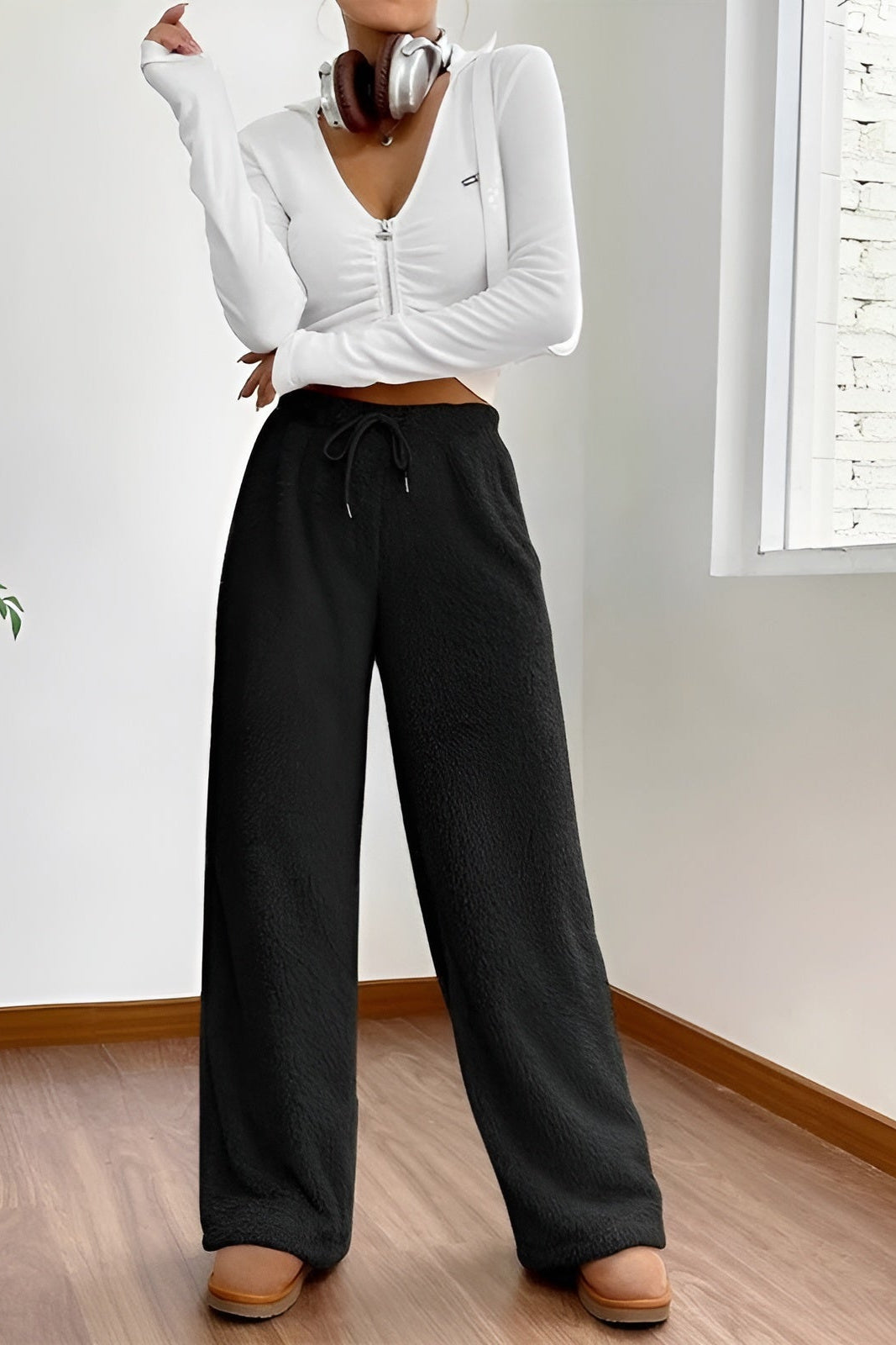 Ceylan Women's Sherpa Fleece Wide Leg Pants Cozy Lounge