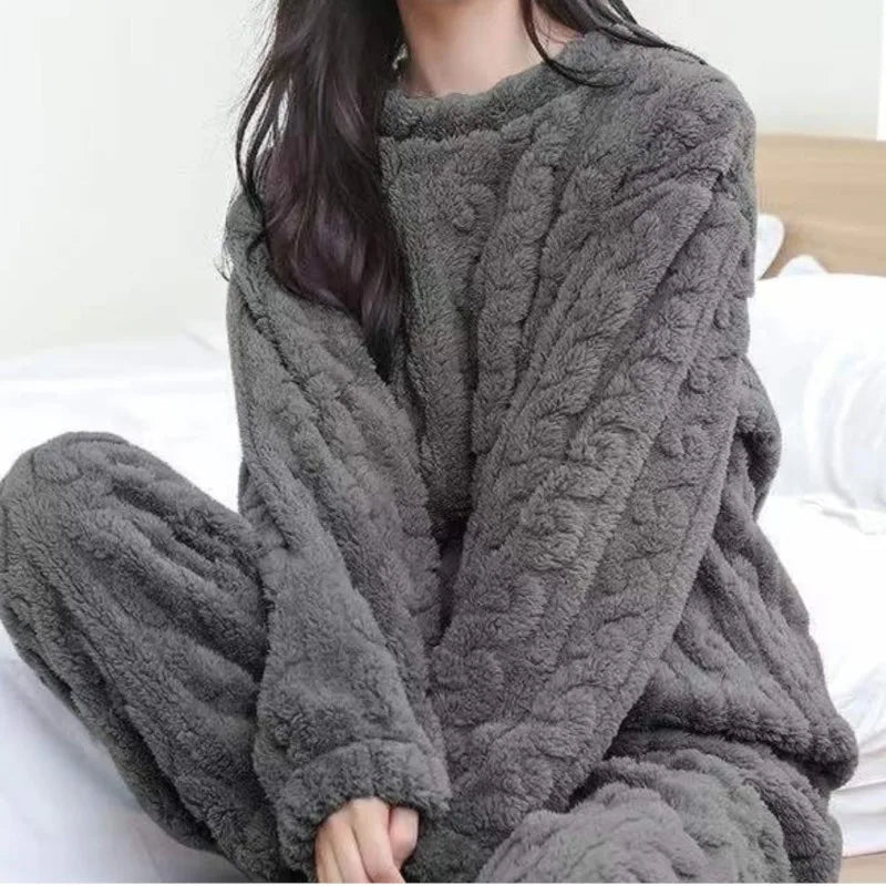Ceylan Women's Fluffy Pajama Set with Cable Knit Texture
