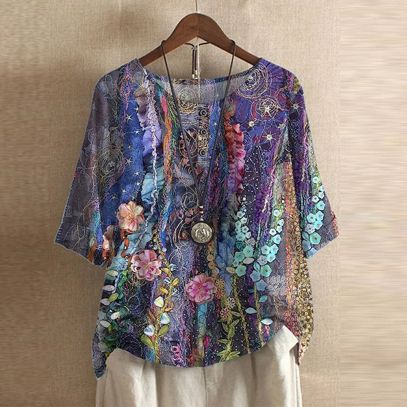 Women’s Blouse with 3/4 Sleeves and Retro Artisanal Floral Print