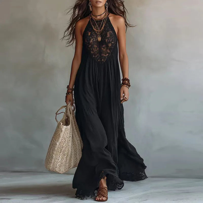 Women's Lace Panel Halter Maxi Dress with Open Back for Evening Style