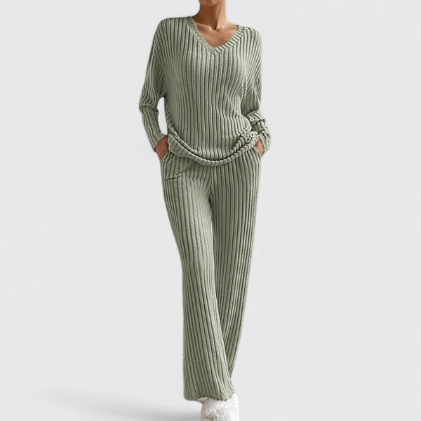 Women's Ribbed Knit V-Neck Top And Wide-Leg Pants Set