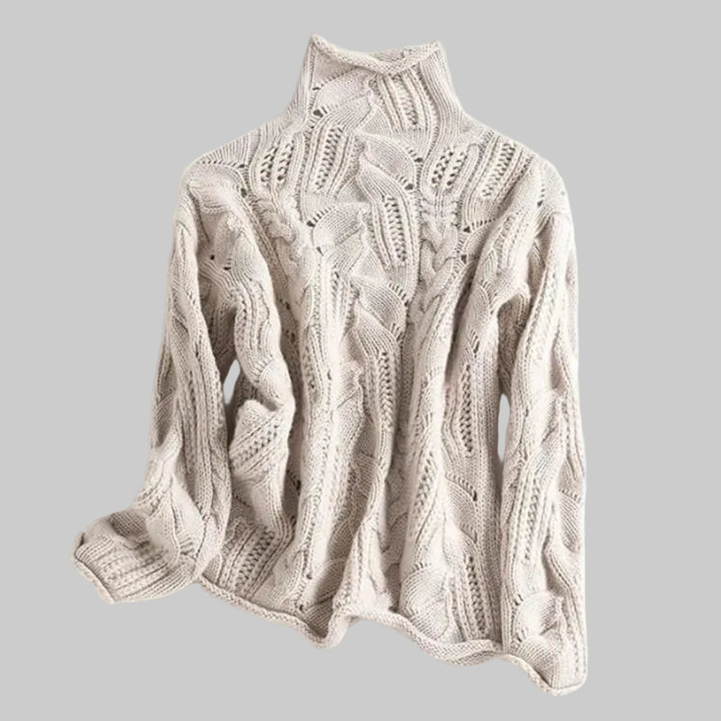 Women’s Cable Knit Turtleneck Sweater with Intricate Open-Work Texture Detail