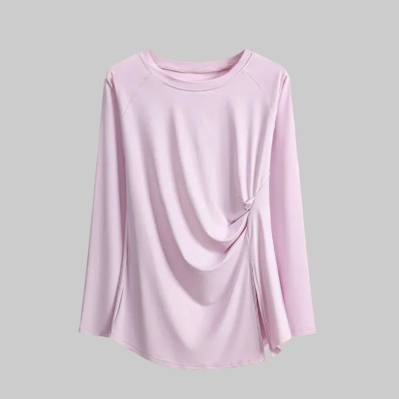 Women’s Long Sleeve Top with Side Ruched Drape and Asymmetric Slit