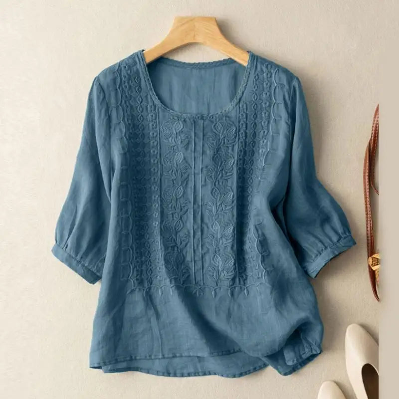 Women’s Relaxed Blouse Floral Embroidered 3/4 Puff Sleeve Cotton Top