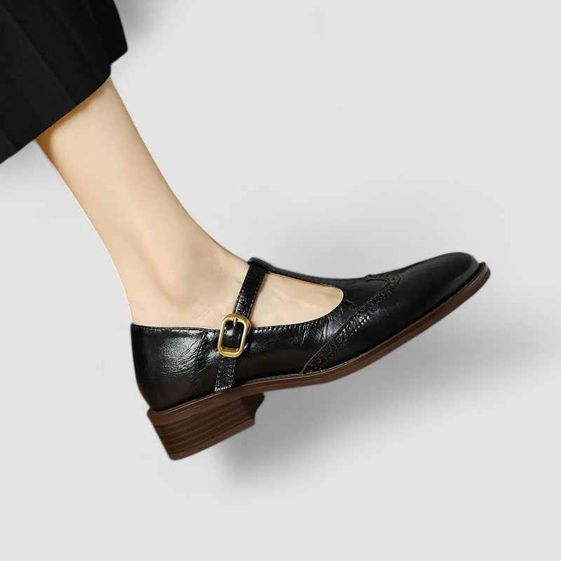 Women’s Mary Jane Shoes with T-Strap Low Heel and Perforated Detail