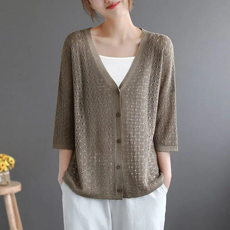 Women's Lightweight Hollow-Knit V-Neck Button-Front Cardigan With 3/4 Sleeves