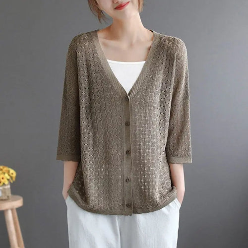 Women's Lightweight Hollow-Knit V-Neck Button-Front Cardigan With 3/4 Sleeves