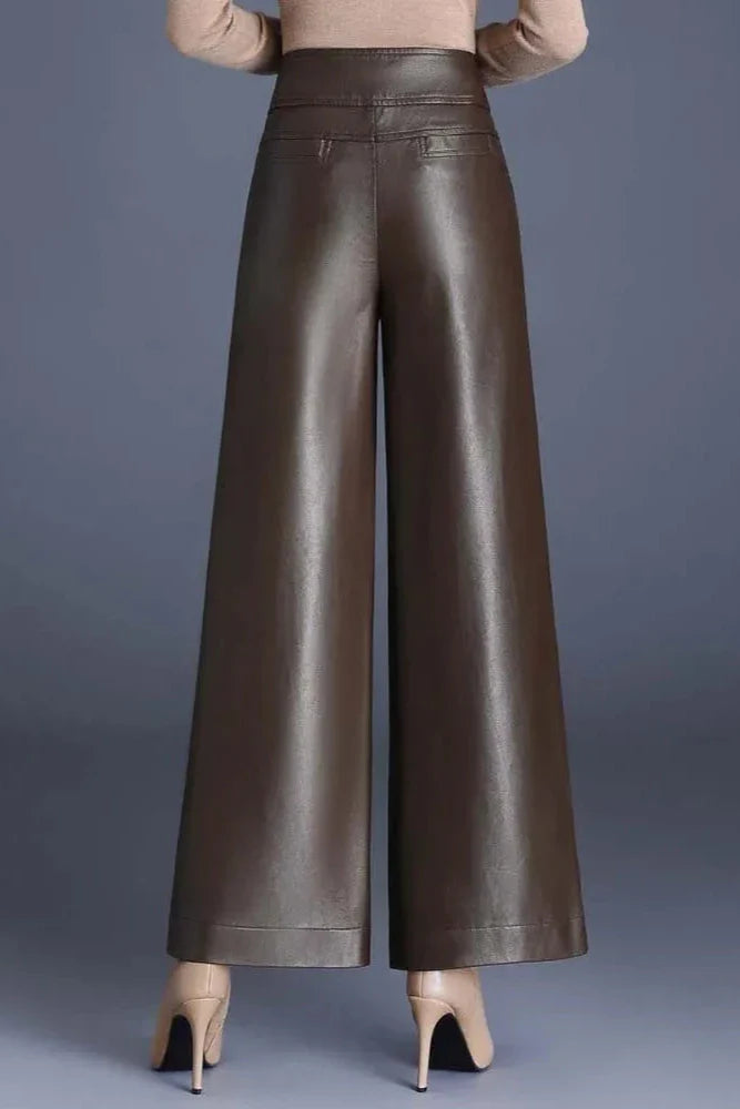 Ceylan Women's Faux Leather Trousers High Waist Wide Leg