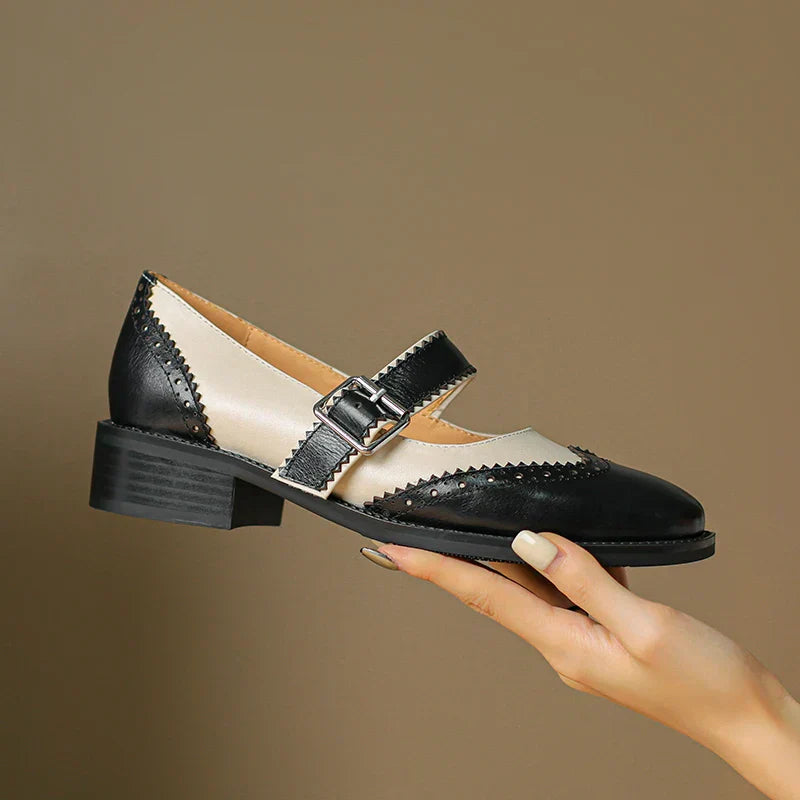 Women’s Mary Jane Shoes Two-Tone Brogue Leather with T-Strap Low Block Heel