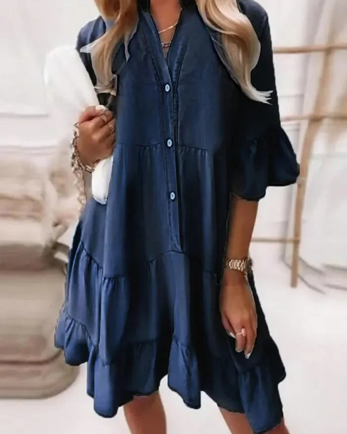Women's Mini Dress Button Down Tiered Ruffle Chambray Smock