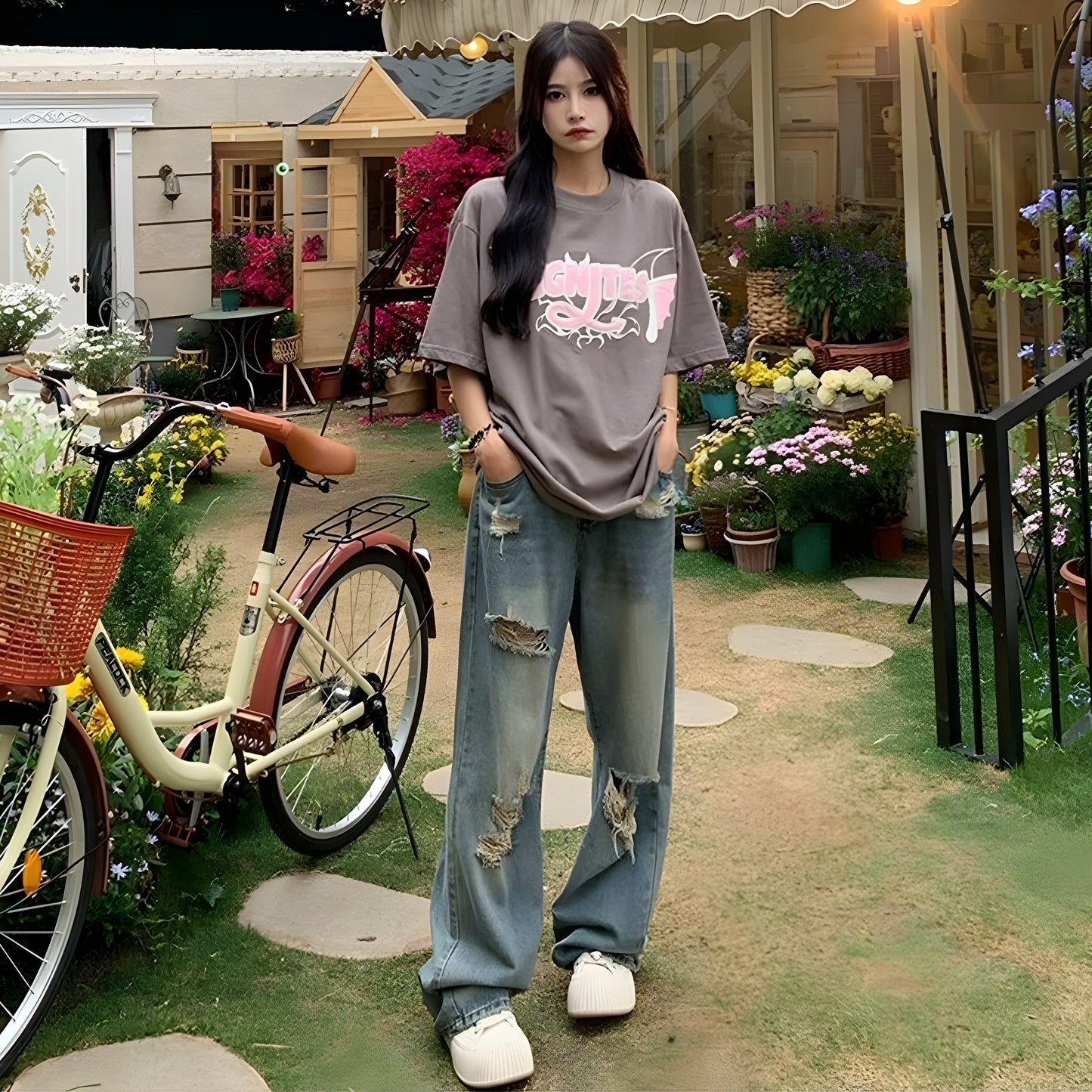 Ceylan Women’s Ripped Wide Leg Jeans Distressed Denim