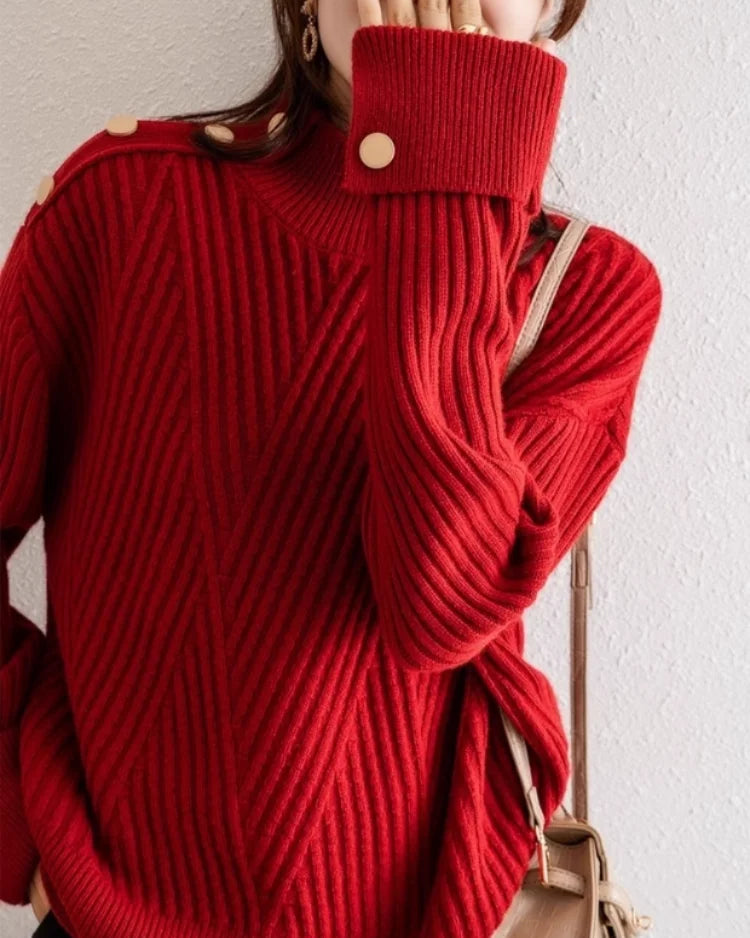 Ceylan Women's Pullover Ribbed Mock Neck Button Detail Sweater