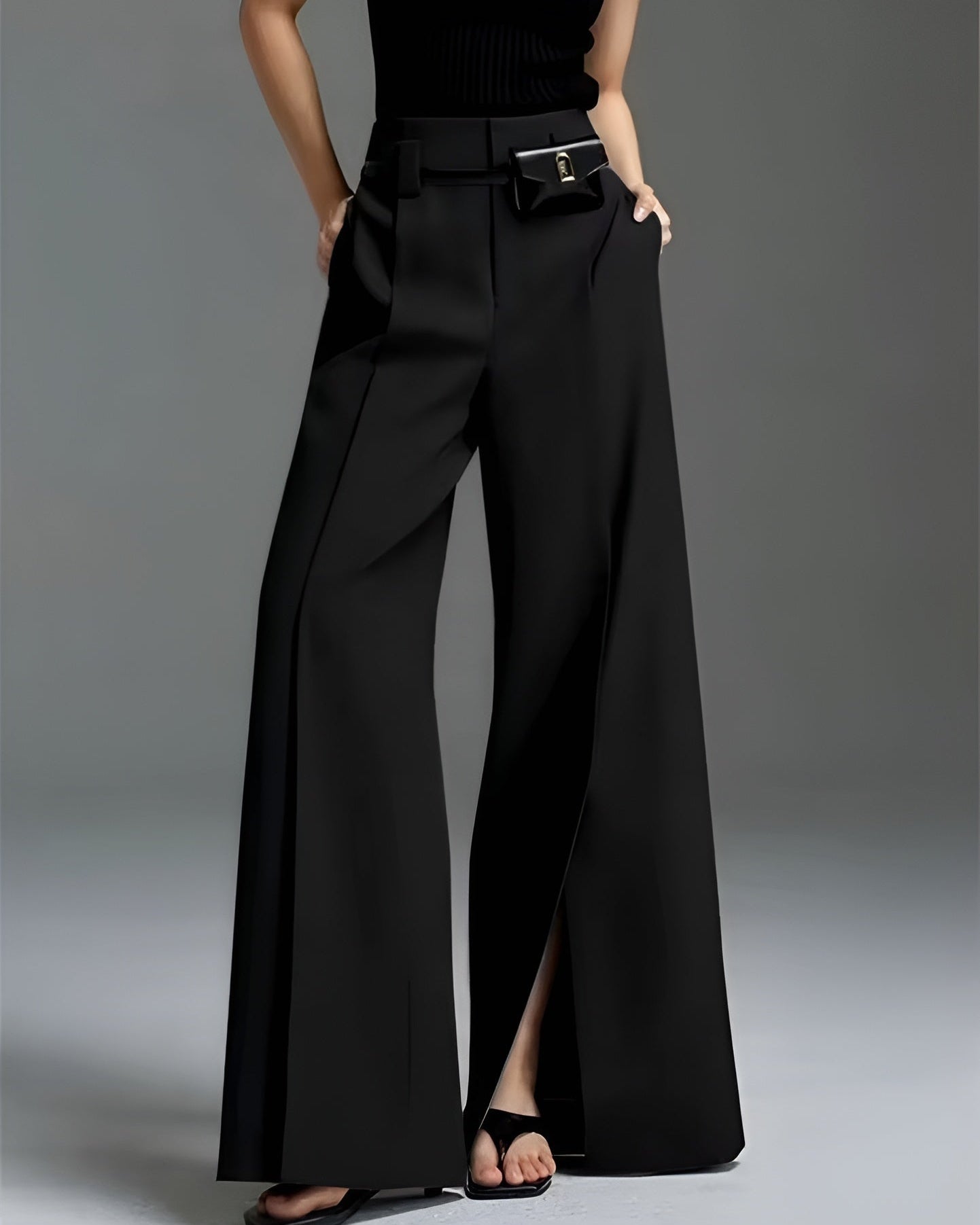 Ceylan Women's Pleated Wide Leg Trousers Split Hem Detail