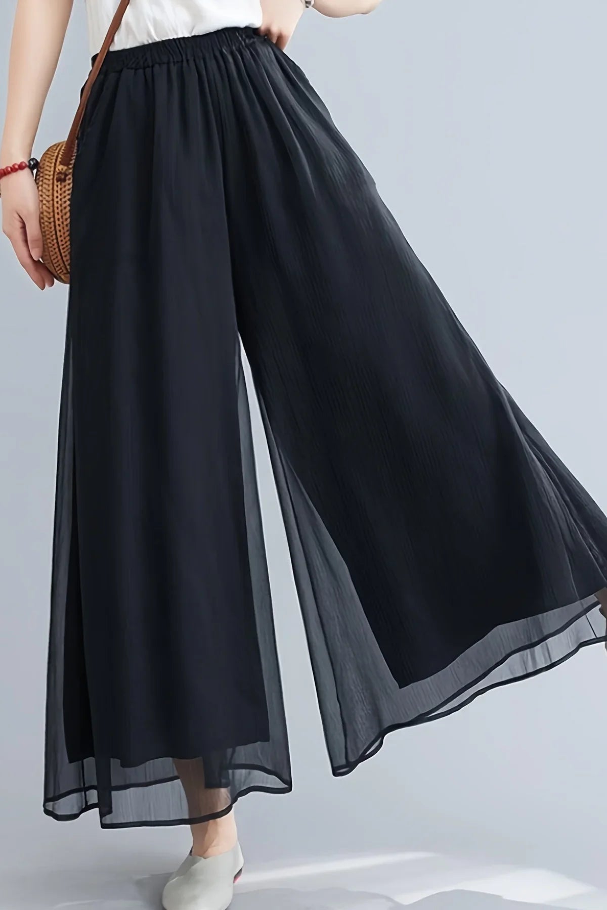 Ceylan Women's Wide Leg Chiffon Pants Sheer Mesh Layer