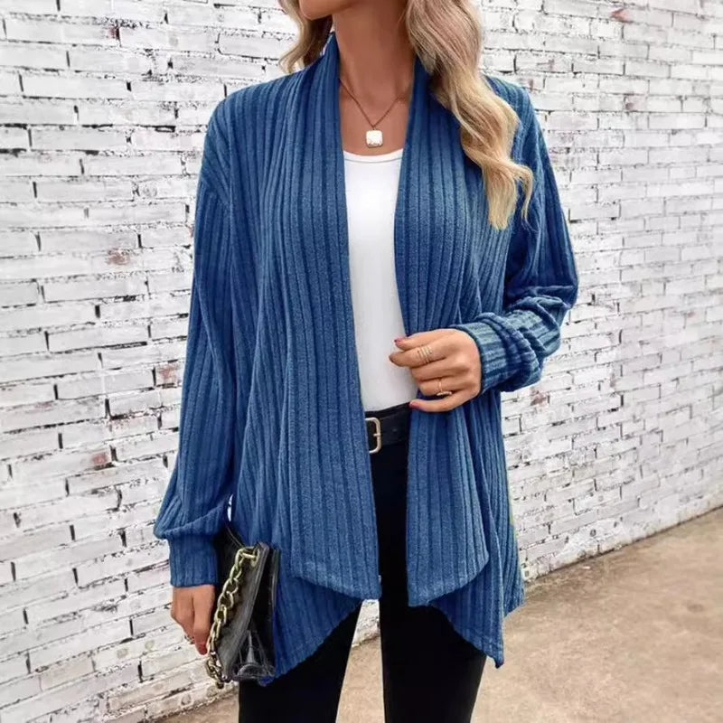 Women's Open-Front Ribbed Knit Draped Cardigan With Long Sleeves